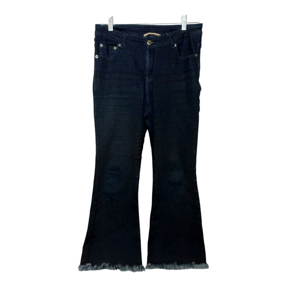 Ecru Lab Womens Size M Flare Capri Jeans Cropped Blue Fringe Hem 23 Inch Inseam